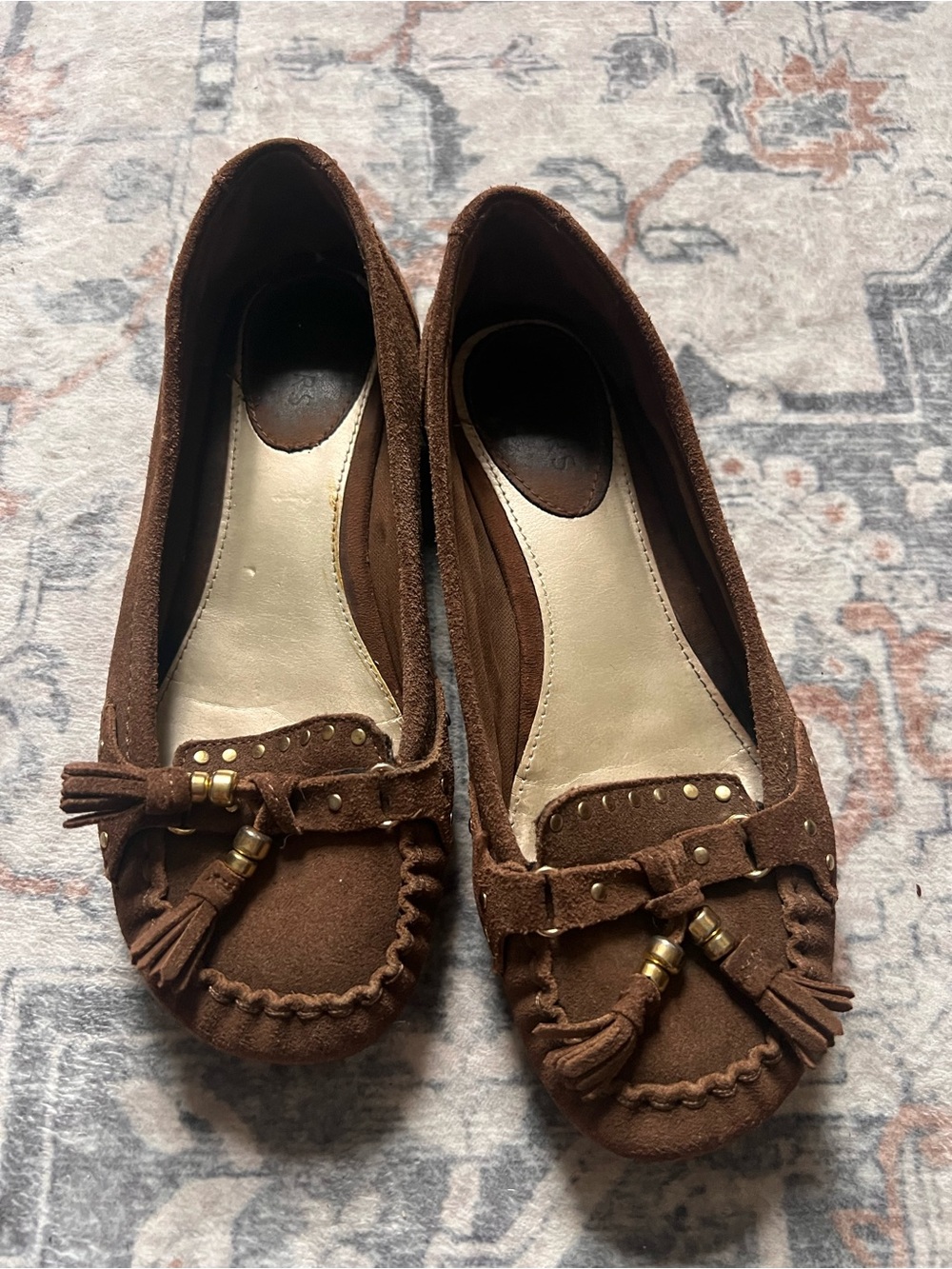 Bakers Brown Faux Suede Moccasin Ballet Flats with Tassels & Gold Studs